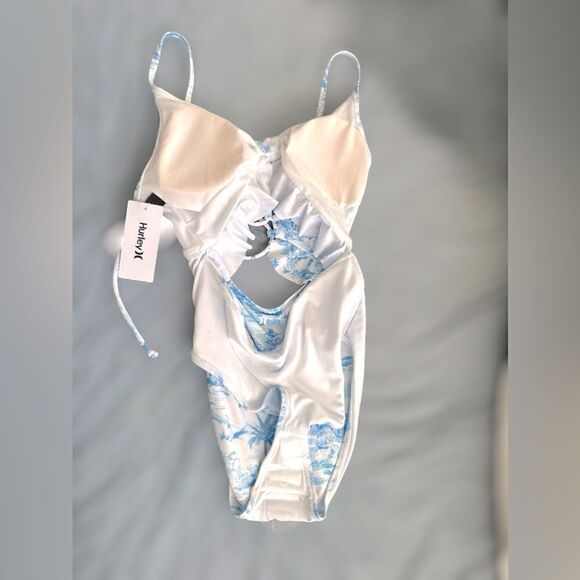 HURLEY Tropical Palm Tree Blue Cutout One Piece Swimsuit Size L - Picture 10 of 15